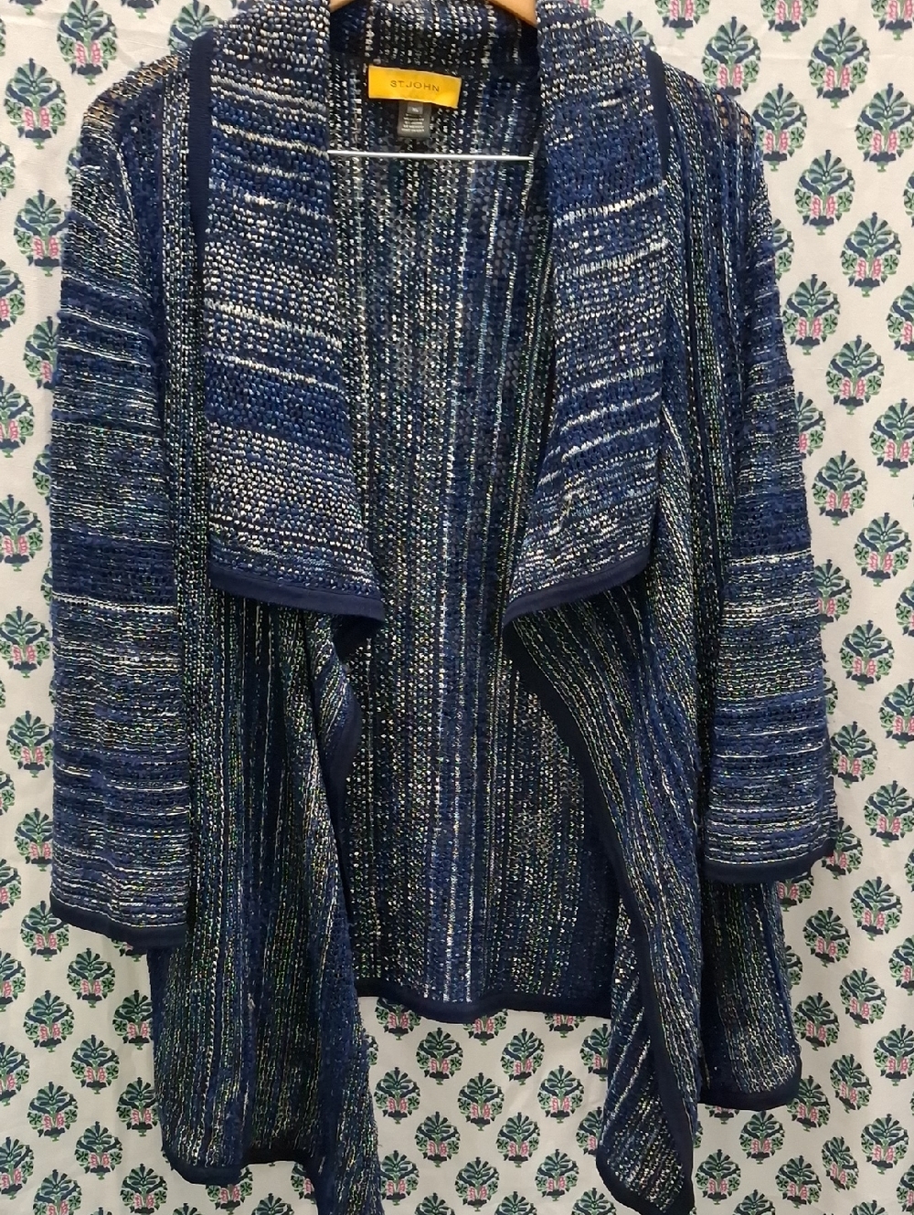 St. John Navy & White Multi-Stripe Open Front Cardigan